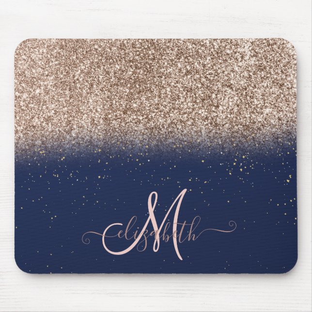 Mousepad Rosa de Brilho Moderno Monograma Dourado Marinho A (Frente)