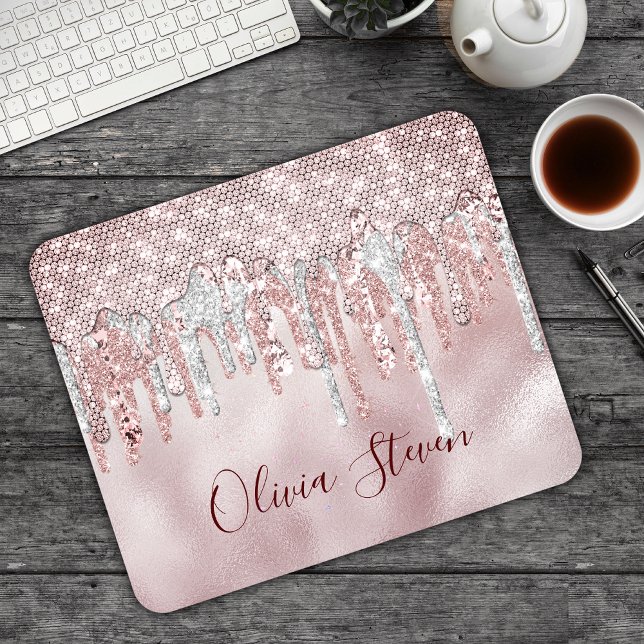 Mousepad Rosa de microfone dourado brilha monograma (Criador carregado)