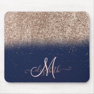 Mousepad Rosa de Monograma Dourado com Brilho Moderno Azul