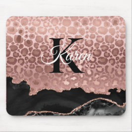 Mousepad Rosa de Monograma, Leopardo Dourado e mármore negr