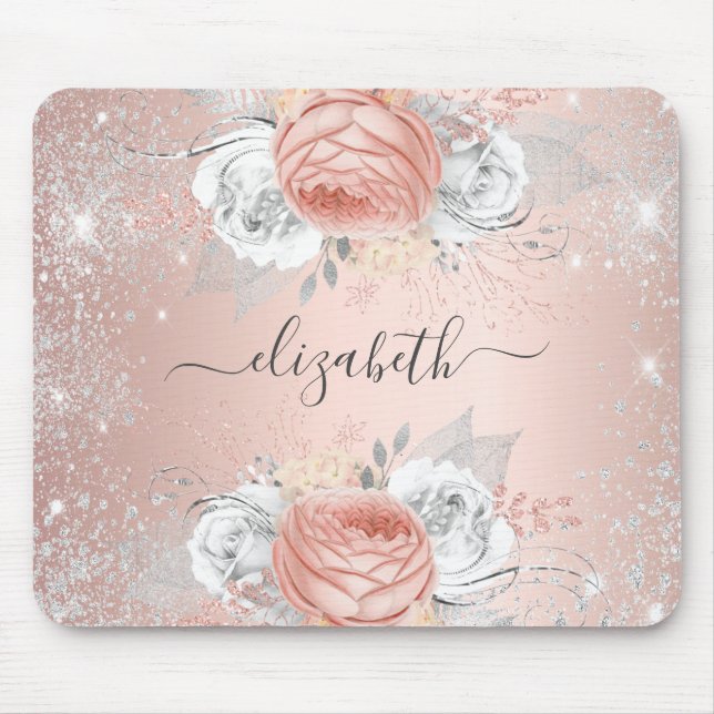 Mousepad Rosa dourado monograma floral de brilho prateado (Frente)