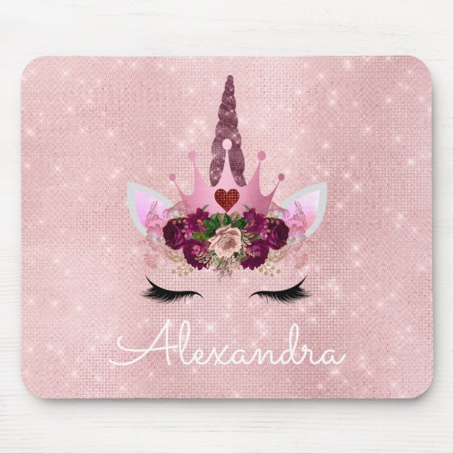 Mousepad Rosa Dourado Unicorn Sparkle Princess Monograma Na (Frente)