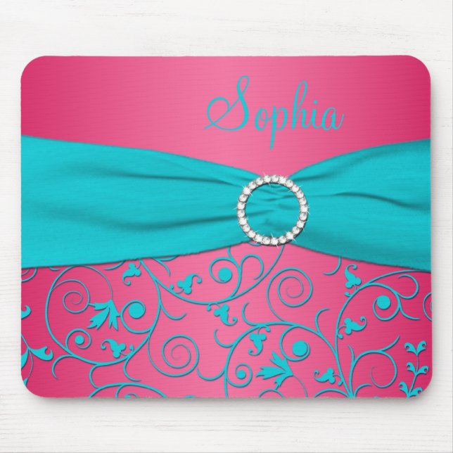 Mousepad Rosa e Aqua Damask (Frente)