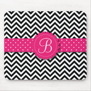 Mousepad Rosa feminino do monograma branco preto elegante