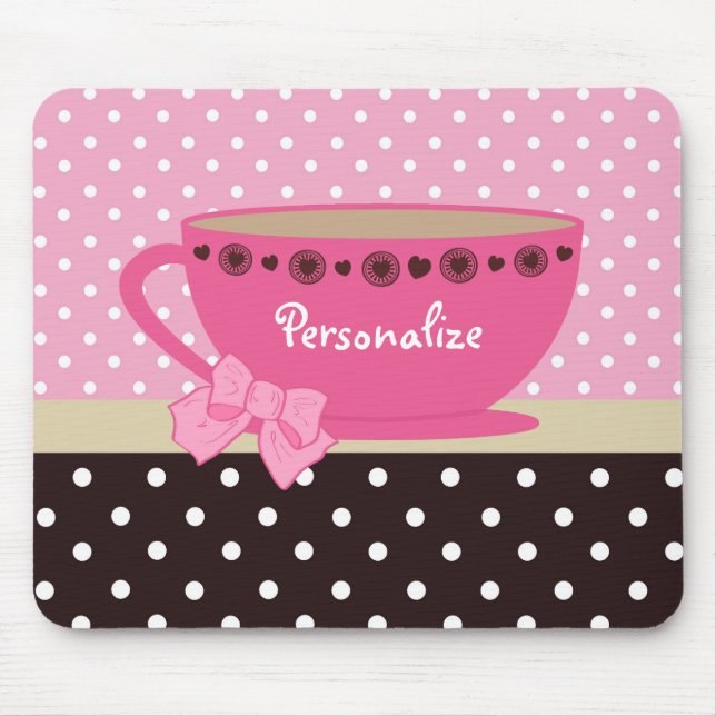 Mousepad Rosa feminino do Teacup e arco e nome das bolinhas (Frente)