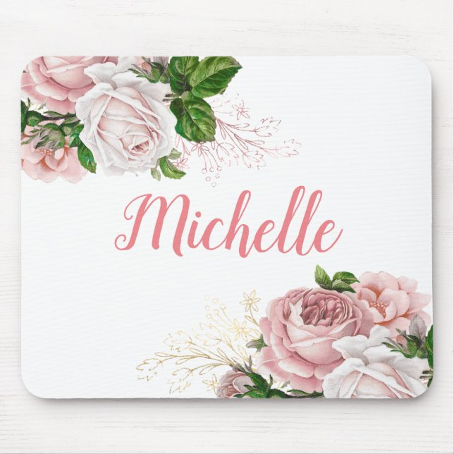 Mousepad Rosa Floral Branco Elegante (Frente)