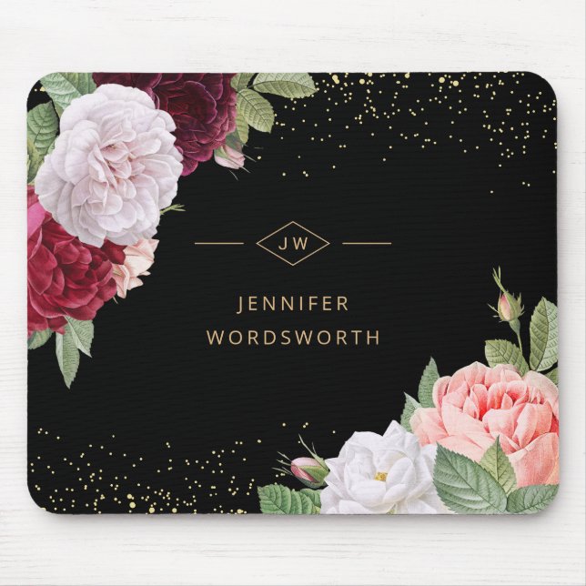 Mousepad Rosa Floral Elegante Monograma preto-rosa (Frente)
