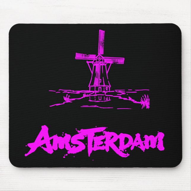 Mousepad Rosa Neon Moinho de Vento Amsterdã Moderno Preto (Frente)