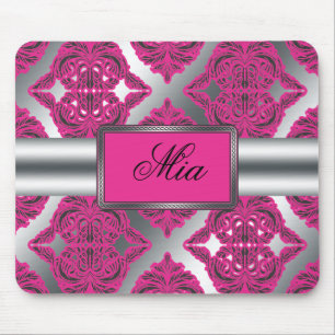 Mousepad Rosa ornamentado do damasco, preto, prata