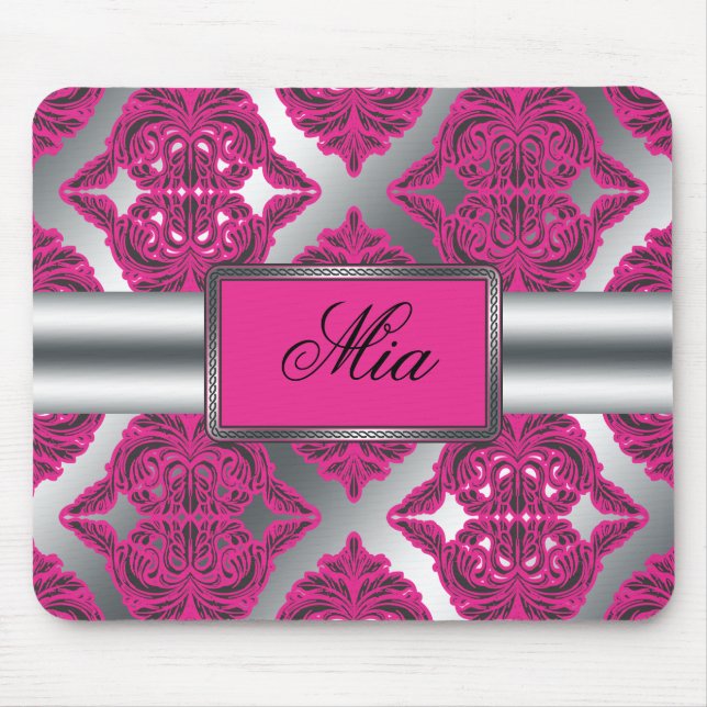 Mousepad Rosa ornamentado do damasco, preto, prata (Frente)
