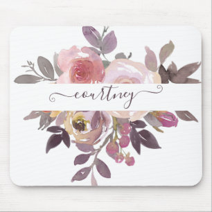 Mousepad Rosa pastel e floral personalizado roxo