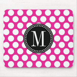 Mousepad Rosa quente & bolinhas grandes pretas Monogrammed