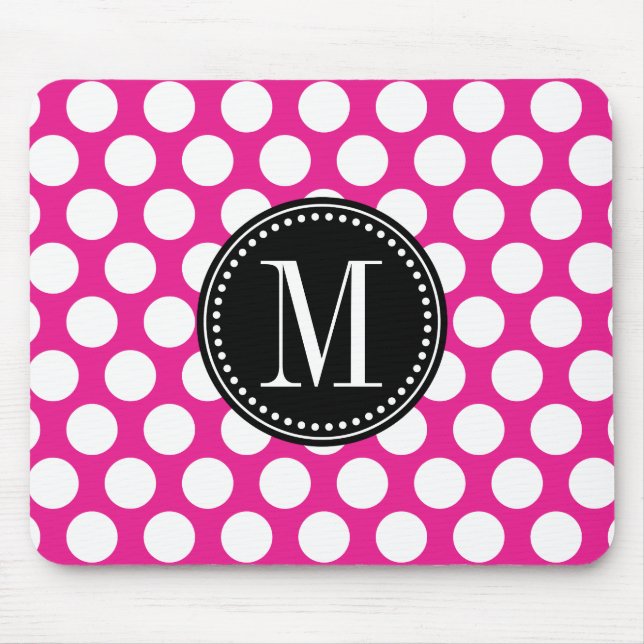 Mousepad Rosa quente & bolinhas grandes pretas Monogrammed (Frente)