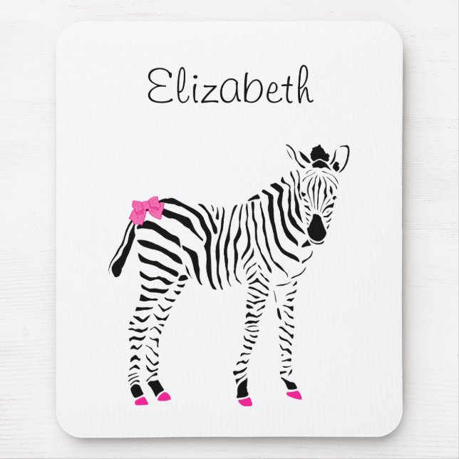 Mousepad Rosa Quente Bonita e Zebra Negra-Menina com Nome (Frente)