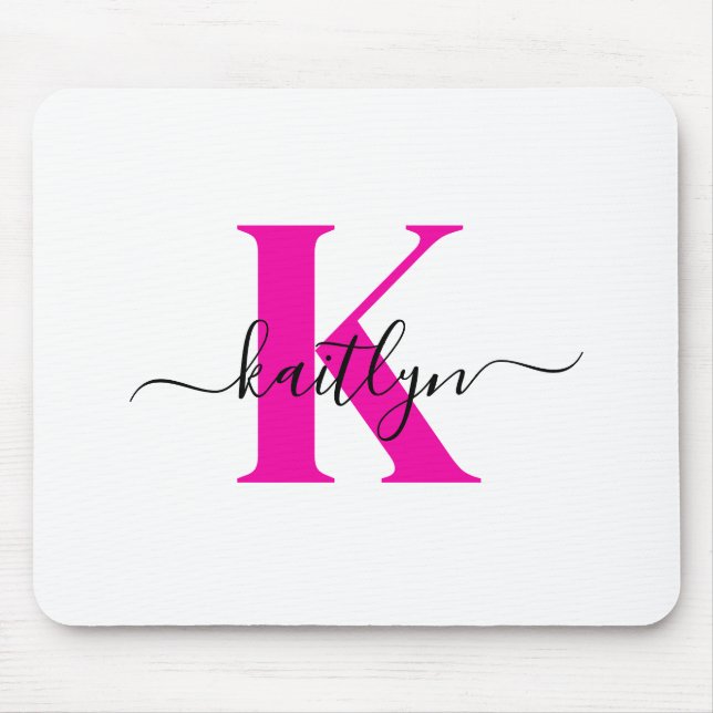 Mousepad Rosa Quente Preto Inicial Nome Monogramado (Frente)