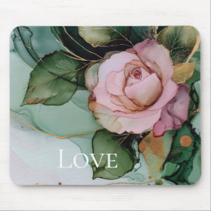 Mousepad Rosa Romântica Dourada Amor Floral