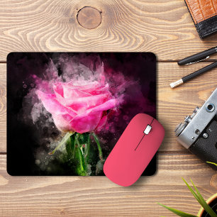 Mousepad Rosa Rosa Aquarela em Fundo Preto