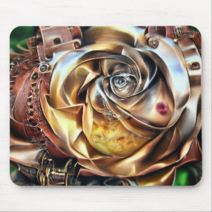 Mousepad Rosa Steampunk com Face Surreal - Flor Mecânico
