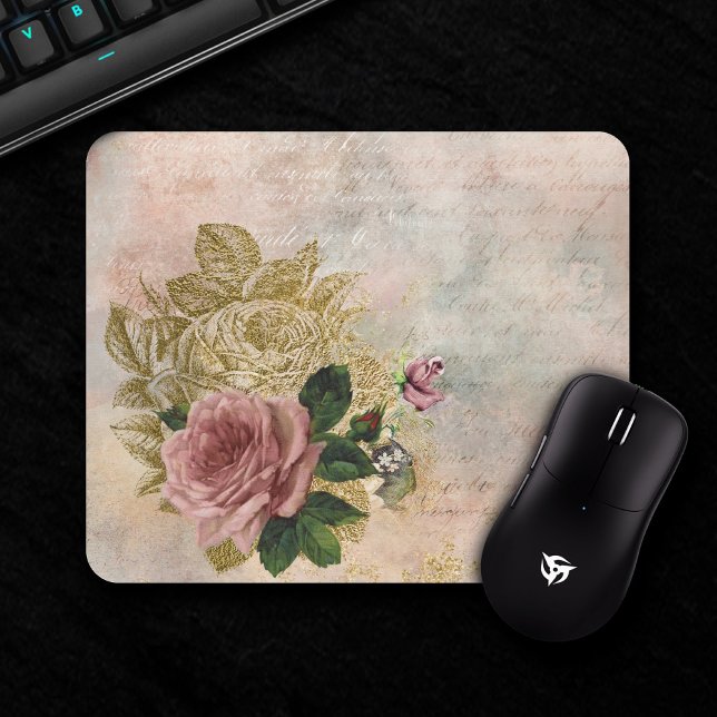 Mousepad Rosa Steampunk | Rosa e Dourado sofisticado (Criador carregado)