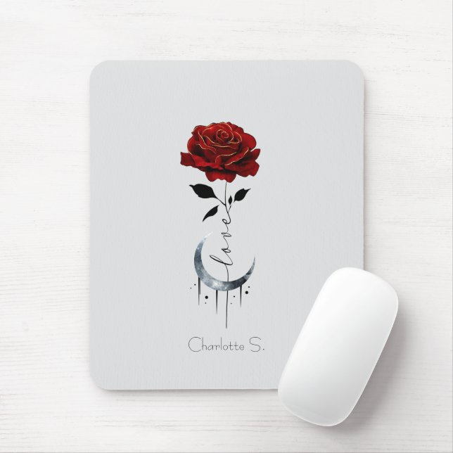 Mousepad Rosa vermelha de estilo de tatuagem e lua crescent (Com mouse)