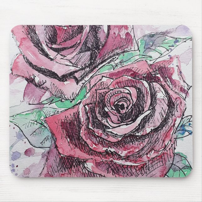 Mousepad Rosa vermelha Flores de Aquarela Pintura Floral (Frente)