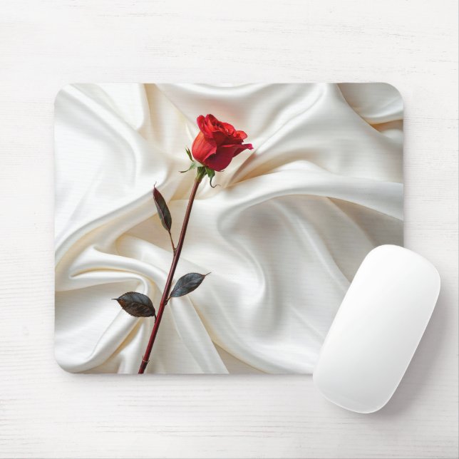 Mousepad Rosa Vermelha Sobre Cetim Branco (Com mouse)