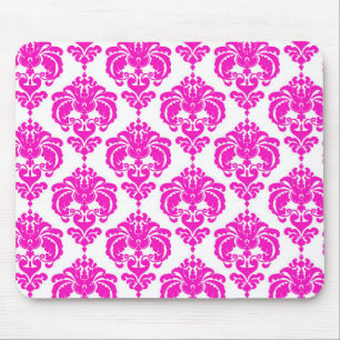 Mousepad Rosa Vibrante Branco Damasco Chique Moderno Elegan