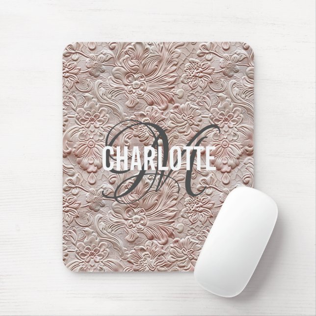 Mousepad Rosa vintage em couro trabalhado com monograma (Com mouse)
