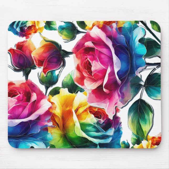 Mousepad Rosas Arco-íris Floral Colorido Vibrante (Frente)