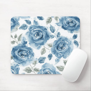 Mousepad Rosas Azuis Aquarela Botânica Flora Floral
