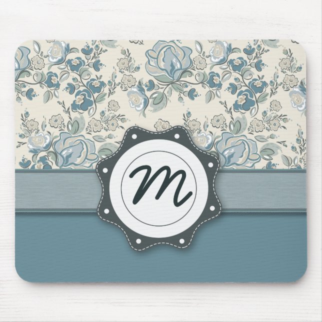 Mousepad Rosas azuis e de creme com monograma (Frente)