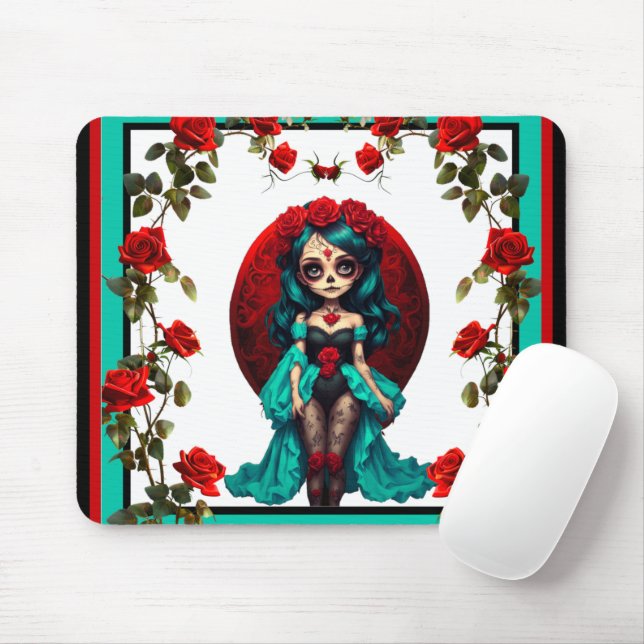 Mousepad Rosas Azuis-esverdeadas e Vermelhas Caveiras Açuca (Com mouse)