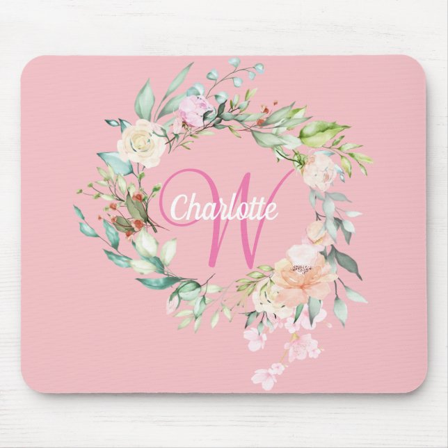 Mousepad Rosas de Monograma de Script Inicial Bonito rosa F (Frente)