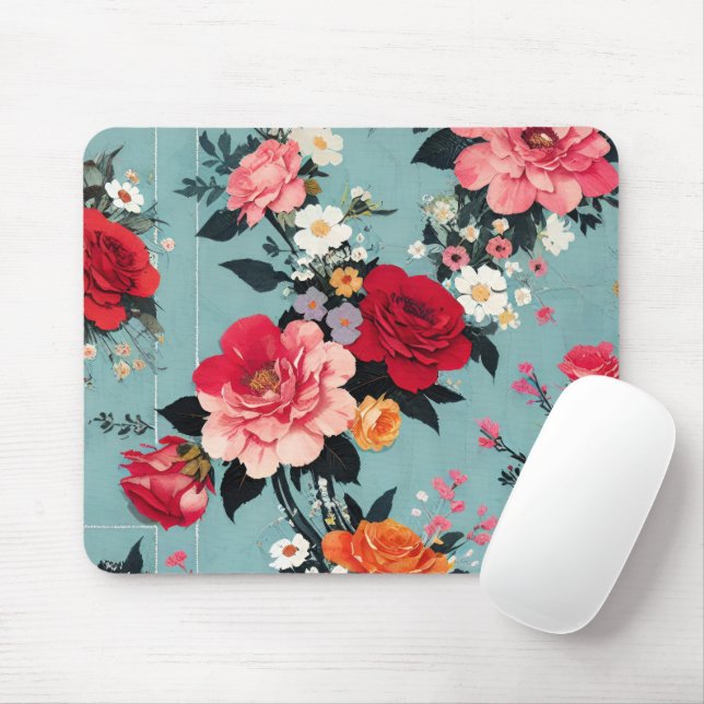 Mousepad Rosas de vindima e Florais num Fundo Azul (Com mouse)