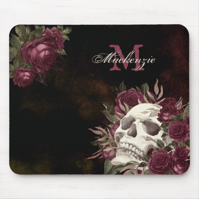 Mousepad Rosas do crânio Monograma Nome Borgonha Escuro (Frente)