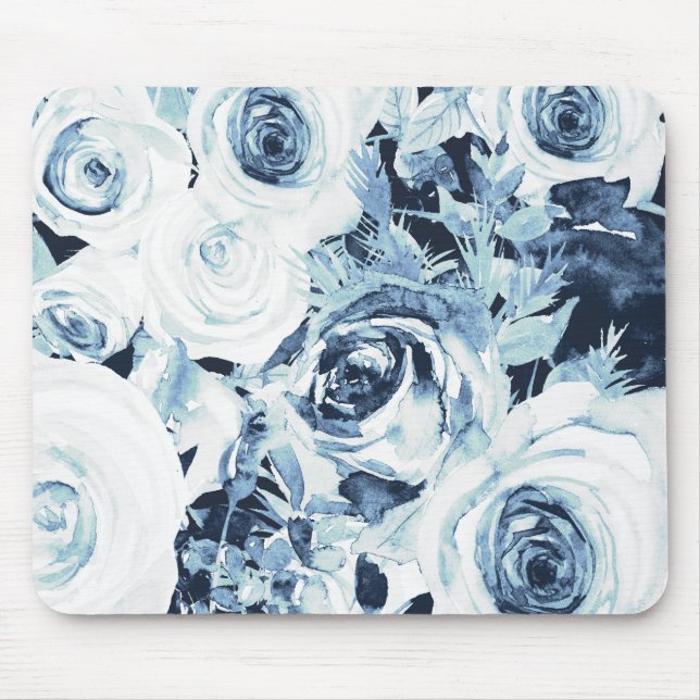 Mousepad Rosas Florais de inverno azul e branco (Frente)