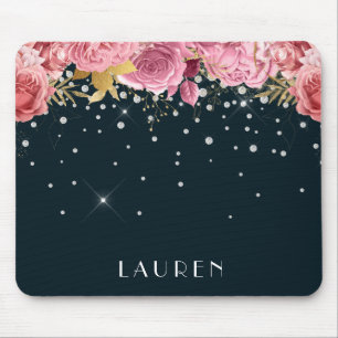 Mousepad rosas rosa diamante sofisticado monograma