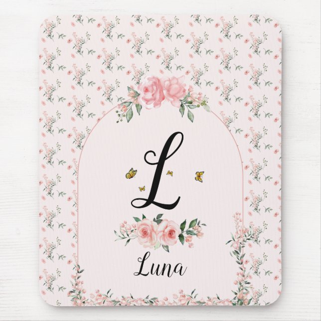 Mousepad Rosas Rosa Elegantes De Aquarelas com Borboletas (Frente)