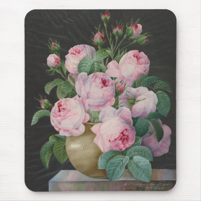Mousepad Rosas rosa em um vaso - Pierre Joseph Redouté (Frente)