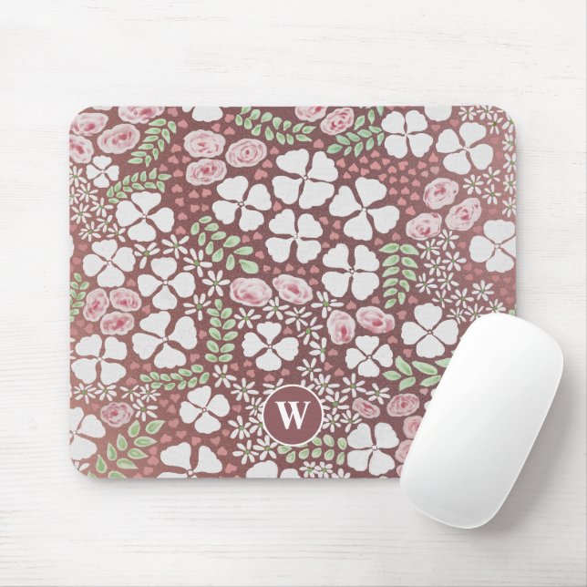 Mousepad Rosas Rosa Esbranquiçadas Monograma Dourado Floral (Com mouse)