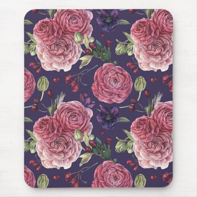 Mousepad Rosas Rosa Românticas No Padrão Roxo (Frente)