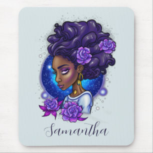 Mousepad Rosas Roxos Elegantes Afro Mulher