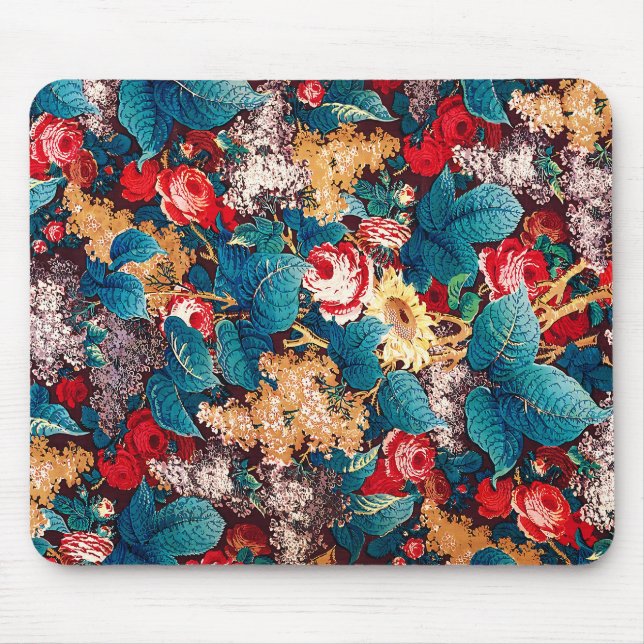 Mousepad Rosas vermelhas de vindima e padrão floral lilás (Frente)