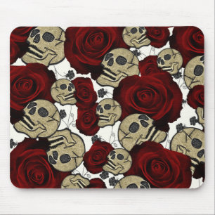 Mousepad Rosas Vermelhas e Caveiras Floral Preto Gótico Bra