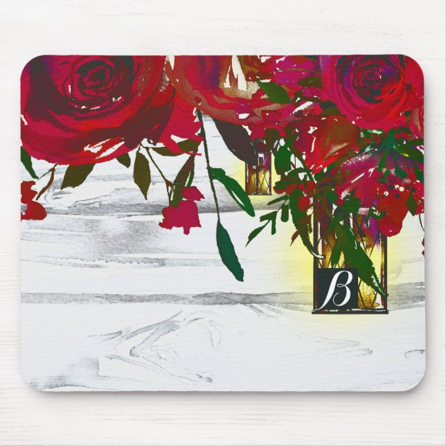 Mousepad Rosas Vermelhas Românticas em Aquarela & Lanterna  (Frente)