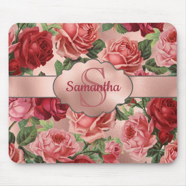 Mousepad Rosas vermelhas Rosa Elegante Monogramas Florais (Frente)