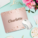 Mousepad Rose gold glitter monogram name<br><div class="desc">A feminine rose gold faux metallic looking background. Decorated with faux glitter dust. Personalize and add your name.  The name is writtten with large,  bold letters.</div>