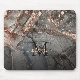 Mousepad Rose Gold Gray Ink Marble Monogram 