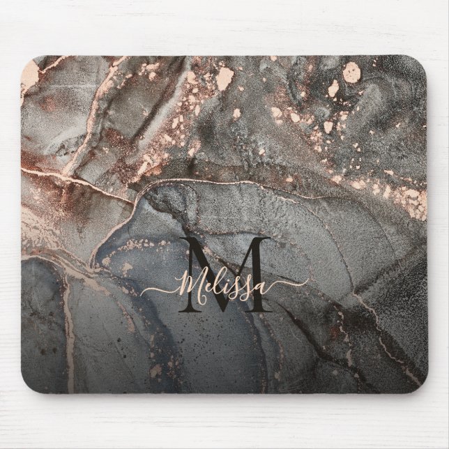 Mousepad Rose Gold Gray Ink Marble Monogram  (Frente)