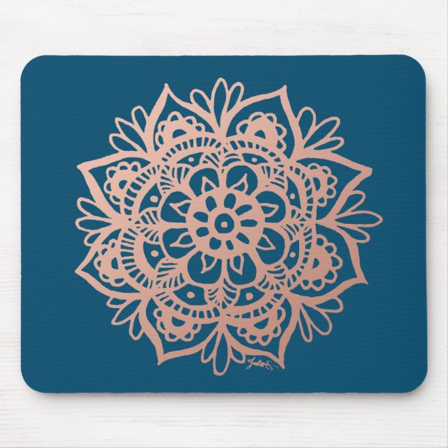 Mousepad Rose Gold Mandala Flower on Dark Blue (Frente)